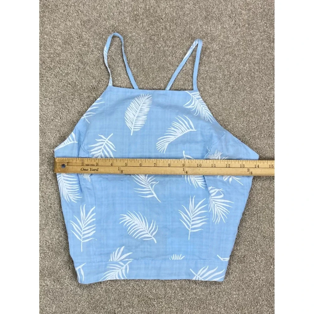 Hyfve Palm Leaf Print Tie Back Halter Crop Top Women L Pastel Blue Vacation Boho